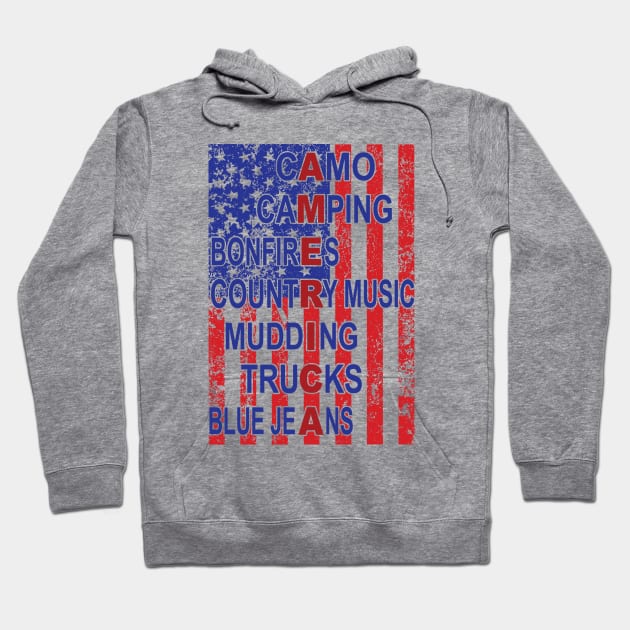 Patriot Series: America (Camo, Camping, Bonfires, Country Music, Mudding, Trucks, Blue Jeans) Flag Hoodie by Jarecrow 